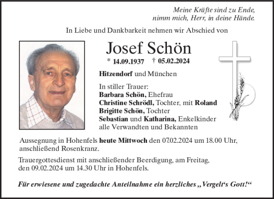 Traueranzeige von Josef Schön von Neumarkter Tagblatt