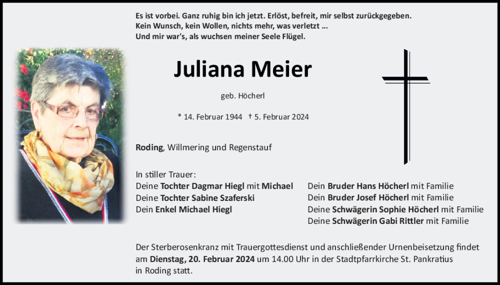  Traueranzeige für Juliana Meier vom 14.02.2024 aus Bayerwald Echo