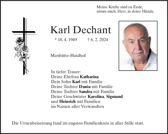 Traueranzeige von Karl Dechant von Mittelbayerische Zeitung Schwandorf