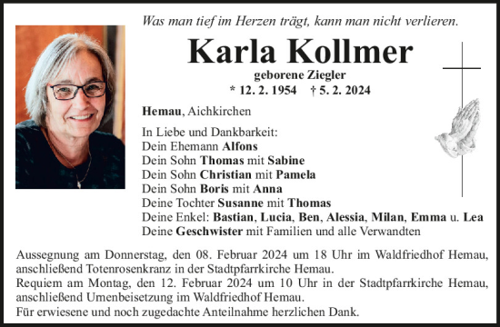 Traueranzeige von Karla Kollmer von Mittelbayerische Zeitung Regensburg