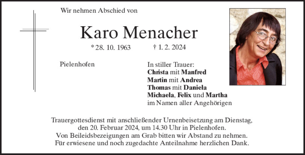  Traueranzeige für Karo Menacher vom 17.02.2024 aus Mittelbayerische Zeitung Regensburg