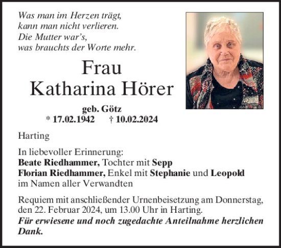 Traueranzeige von Katharina Hörer von Mittelbayerische Zeitung Regensburg
