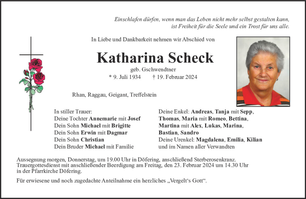  Traueranzeige für Katharina Scheck vom 21.02.2024 aus Bayerwald Echo
