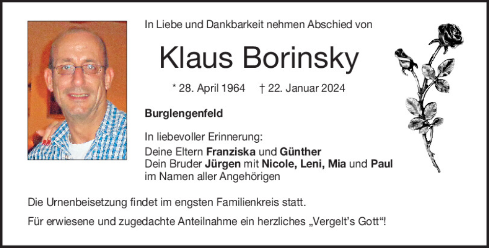  Traueranzeige für Klaus Borinsky vom 03.02.2024 aus Mittelbayerische Zeitung Schwandorf