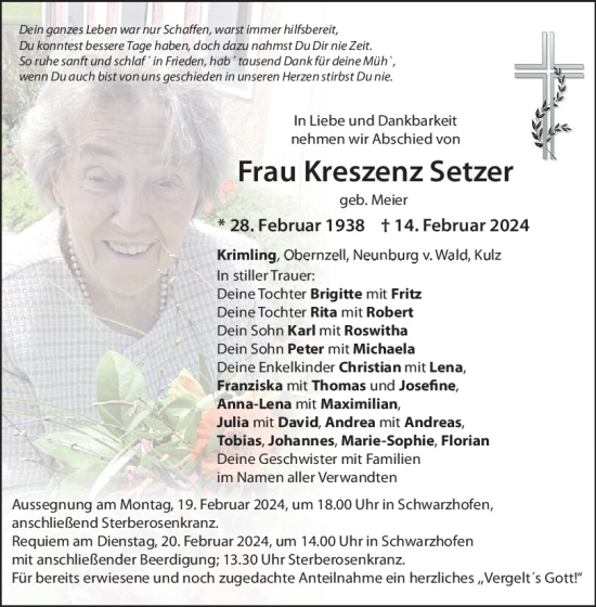 Traueranzeige von Kreszenz Setzer von Mittelbayerische Zeitung Schwandorf