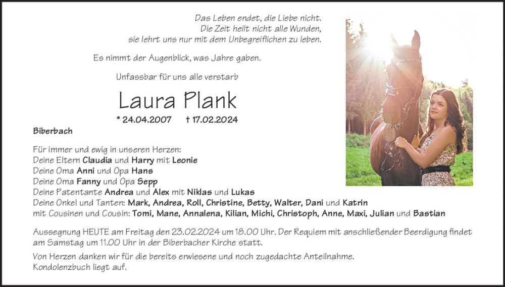  Traueranzeige für Laura Plank vom 23.02.2024 aus Neumarkter Tagblatt
