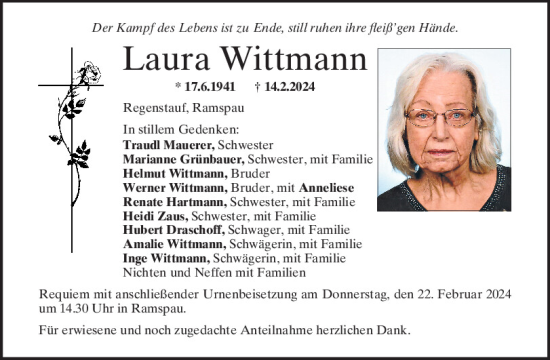 Traueranzeige von Laura Wittmann von Mittelbayerische Zeitung Regensburg