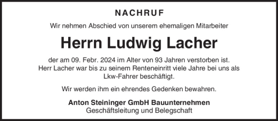 Traueranzeige von Ludwig Lacher von Mittelbayerische Zeitung Schwandorf