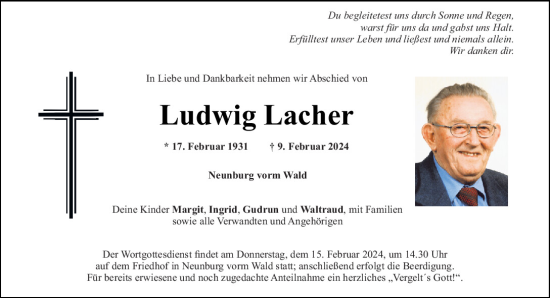 Traueranzeige von Ludwig Lacher von Mittelbayerische Zeitung Schwandorf