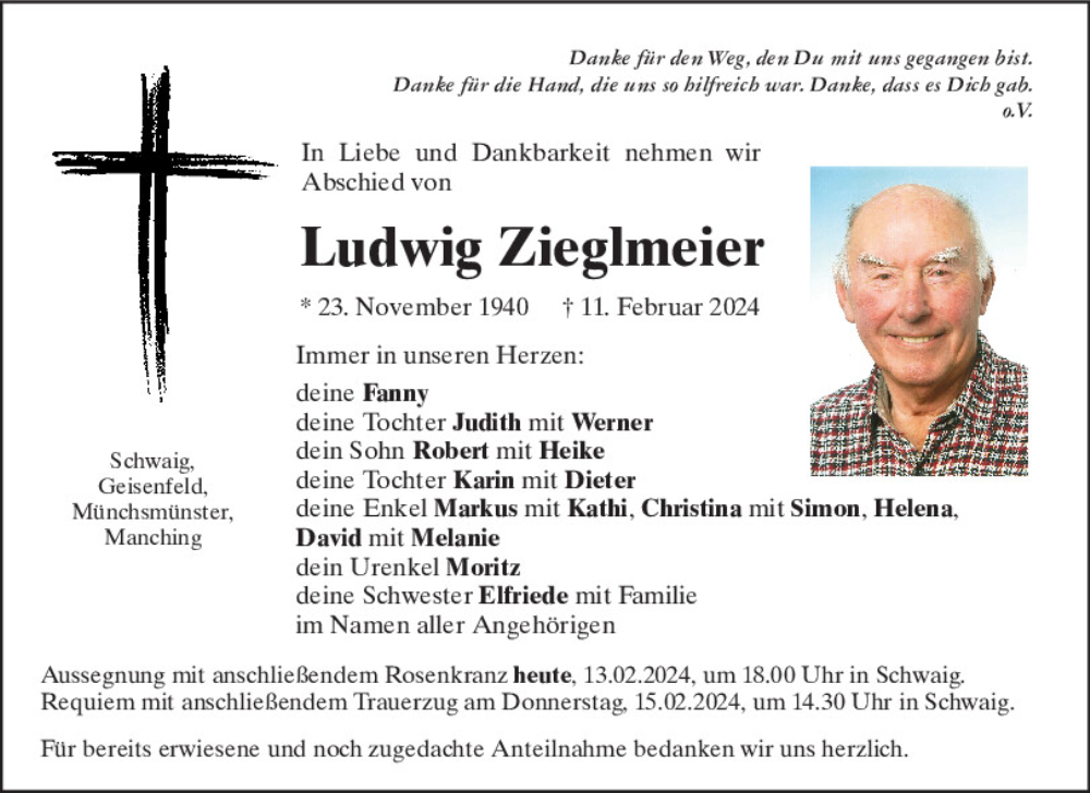  Traueranzeige für Ludwig Zieglmeier vom 13.02.2024 aus Mittelbayerische Zeitung Kelheim