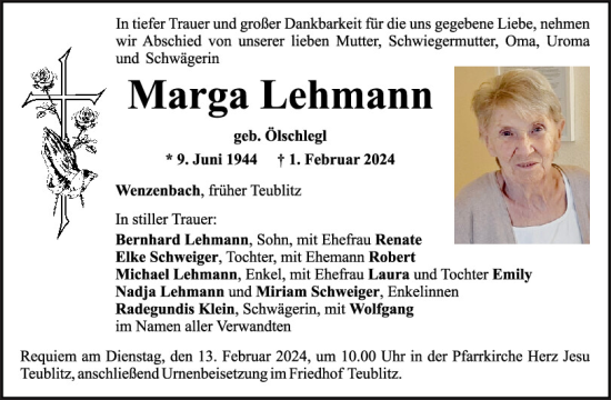 Traueranzeige von Marga Lehmann von Mittelbayerische Zeitung Schwandorf