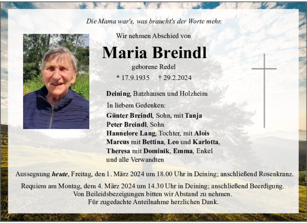  Traueranzeige für Maria Breindl vom 01.03.2024 aus Neumarkter Tagblatt