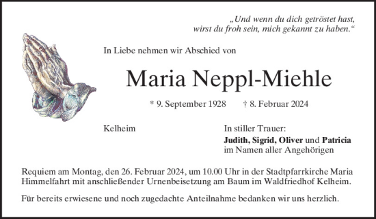 Traueranzeige von Maria Neppl-Miehle von Mittelbayerische Zeitung Kelheim