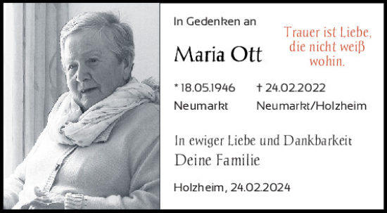 Traueranzeige von Maria Ott von Neumarkter Tagblatt