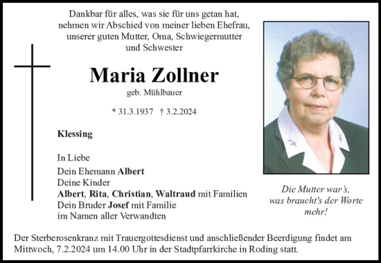 Traueranzeige von Maria Zollner von Bayerwald Echo