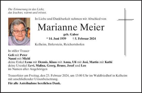 Traueranzeige von Marianne Meier von Mittelbayerische Zeitung Kelheim