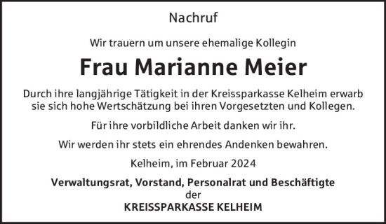 Traueranzeige von Marianne Meier von Mittelbayerische Zeitung Kelheim