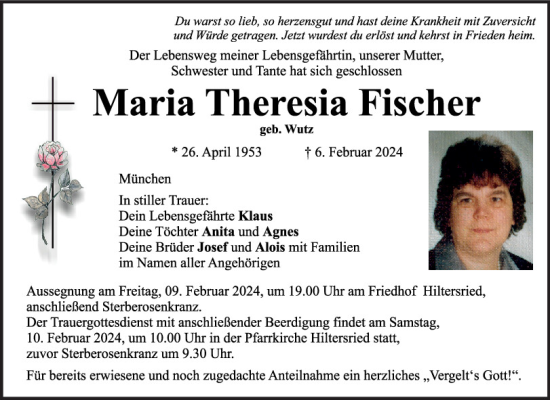 Traueranzeige von Maria Theresia Fischer von Bayerwald Echo