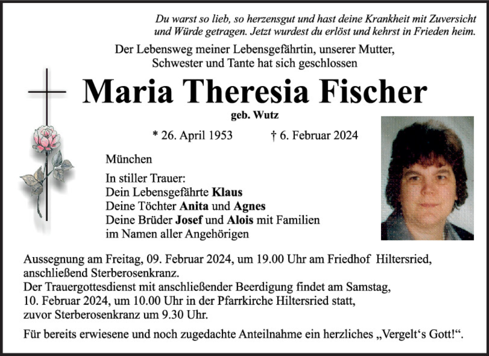  Traueranzeige für Maria Theresia Fischer vom 08.02.2024 aus Bayerwald Echo