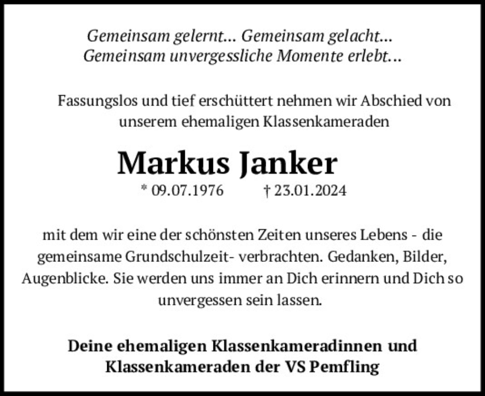  Traueranzeige für Markus Janker vom 09.02.2024 aus Bayerwald Echo