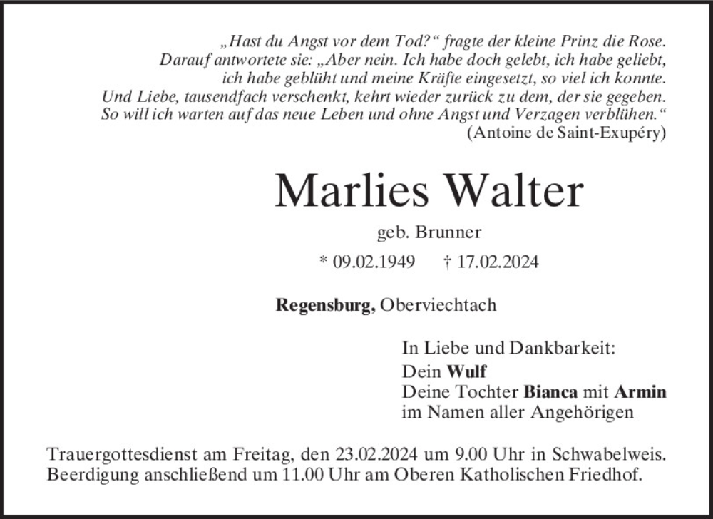  Traueranzeige für Marlies Walter vom 21.02.2024 aus Mittelbayerische Zeitung Regensburg