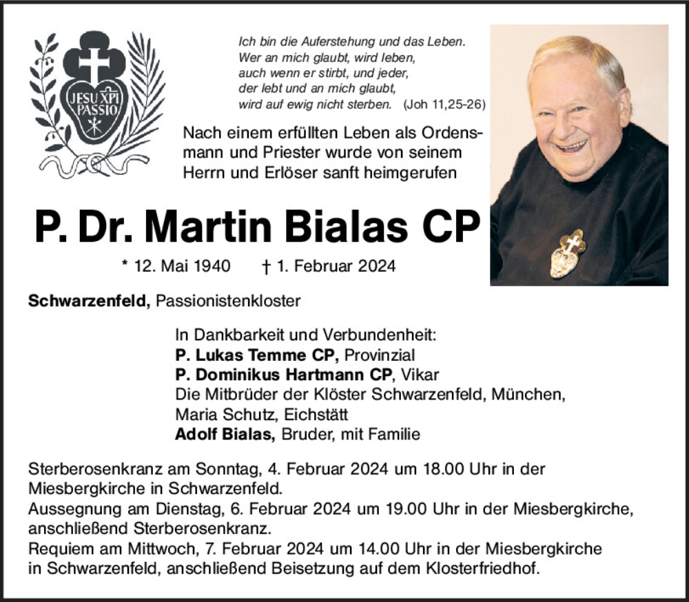  Traueranzeige für Martin Bialas vom 03.02.2024 aus Mittelbayerische Zeitung Schwandorf