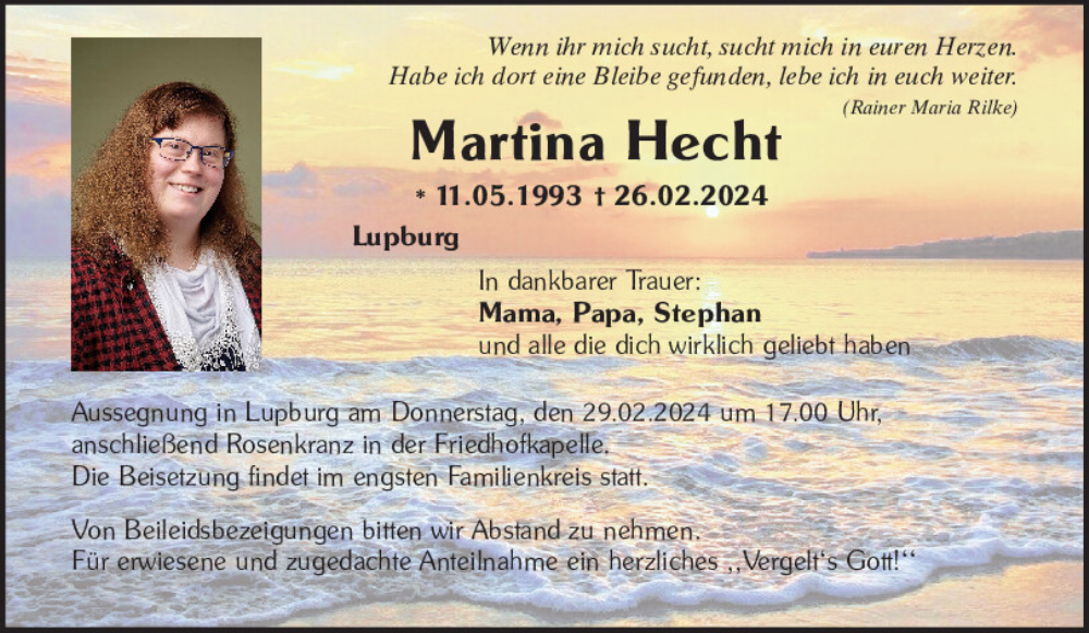  Traueranzeige für Martina Hecht vom 28.02.2024 aus Neumarkter Tagblatt