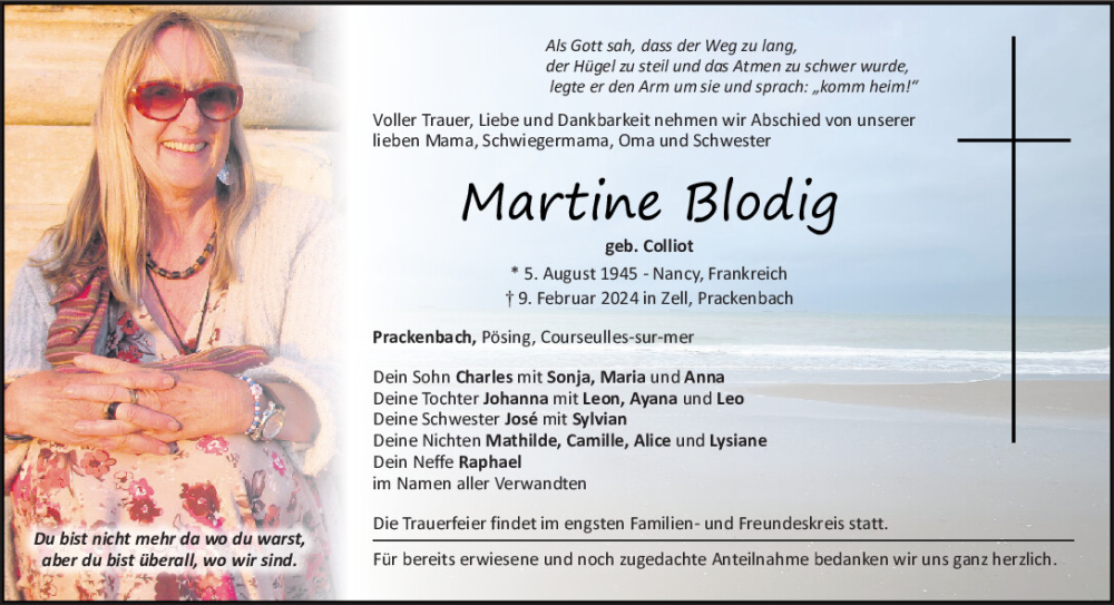  Traueranzeige für Martine Blodig vom 15.02.2024 aus Bayerwald Echo