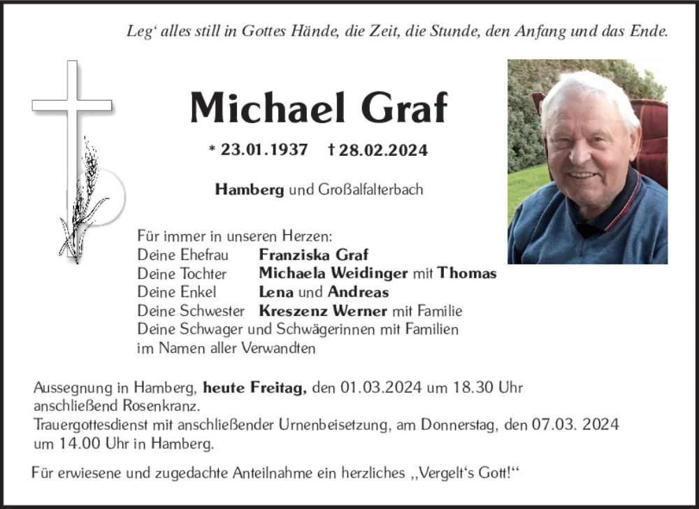  Traueranzeige für Michael Graf vom 01.03.2024 aus Neumarkter Tagblatt