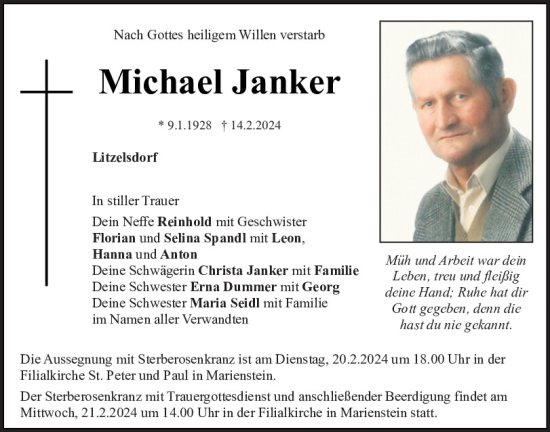 Traueranzeige von Michael Janker von Bayerwald Echo