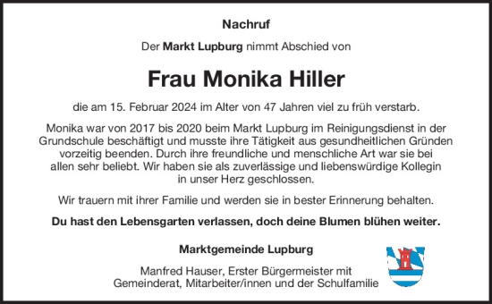 Traueranzeige von Monika Hiller von Neumarkter Tagblatt