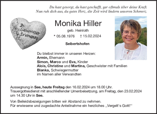 Traueranzeige von Monika Hiller von Neumarkter Tagblatt