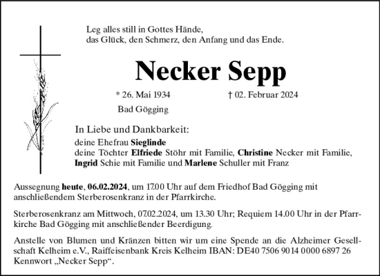 Traueranzeige von Necker Sepp von Mittelbayerische Zeitung Kelheim
