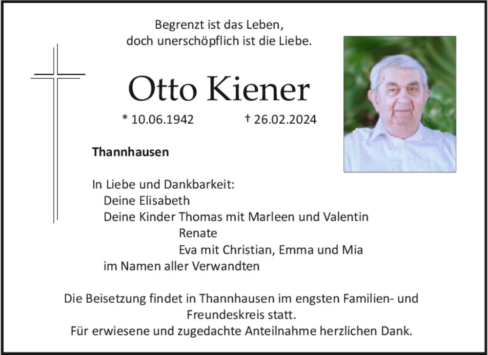  Traueranzeige für Otto Kiener vom 28.02.2024 aus Neumarkter Tagblatt