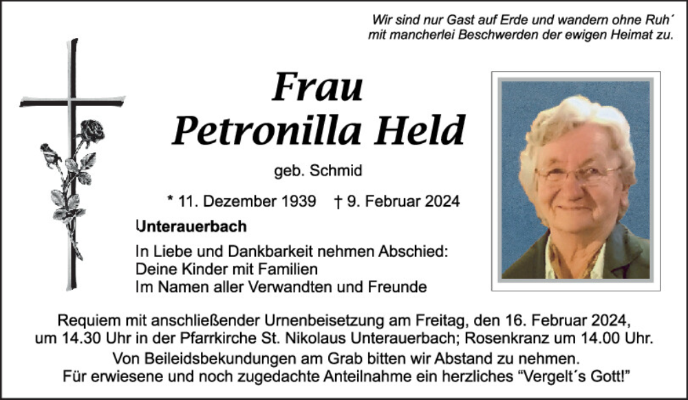  Traueranzeige für Petronilla Held vom 13.02.2024 aus Mittelbayerische Zeitung Schwandorf