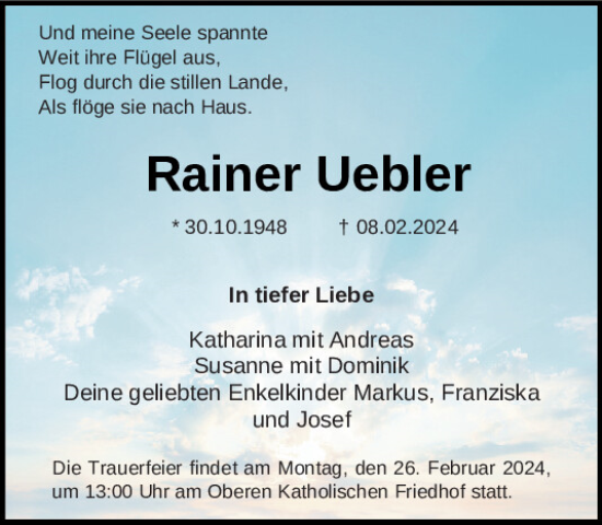 Traueranzeige von Rainer Uebler von Mittelbayerische Zeitung Regensburg