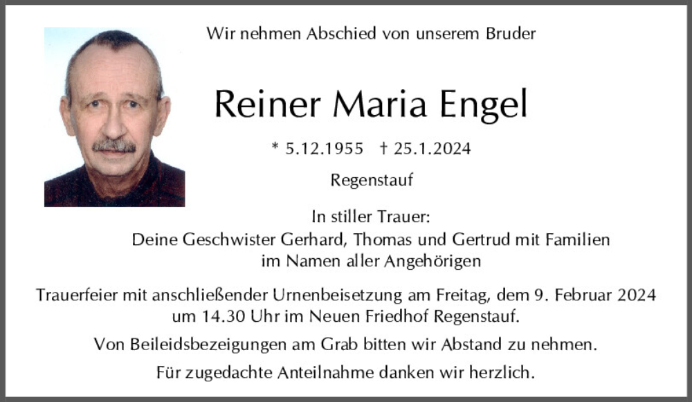  Traueranzeige für Reiner Maria Engel vom 03.02.2024 aus Mittelbayerische Zeitung Regensburg