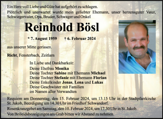Traueranzeige von Reinhold Bösl von Mittelbayerische Zeitung Schwandorf