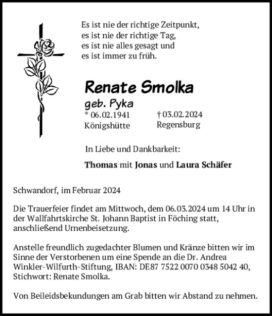 Traueranzeige von Renate Smolka von Mittelbayerische Zeitung Schwandorf