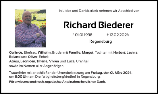 Traueranzeige von Richard Biederer von Mittelbayerische Zeitung Regensburg