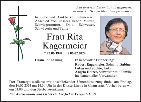 Traueranzeige von Rita Kagermeier von Bayerwald Echo
