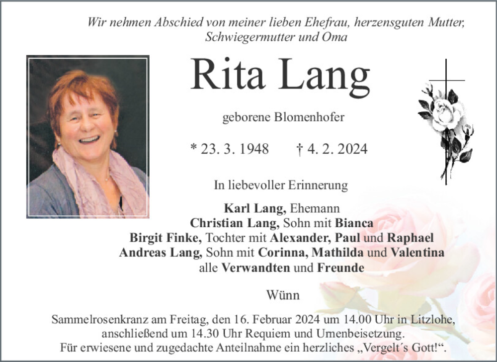  Traueranzeige für Rita Lang vom 14.02.2024 aus Neumarkter Tagblatt