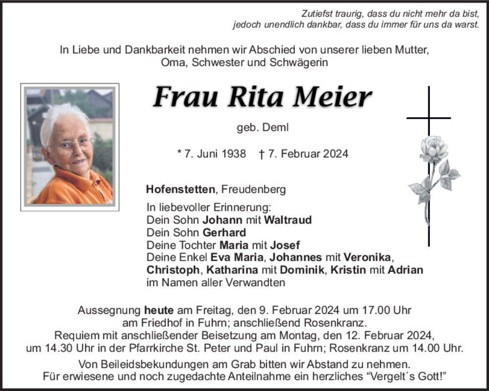  Traueranzeige für Rita Meier vom 09.02.2024 aus Mittelbayerische Zeitung Schwandorf
