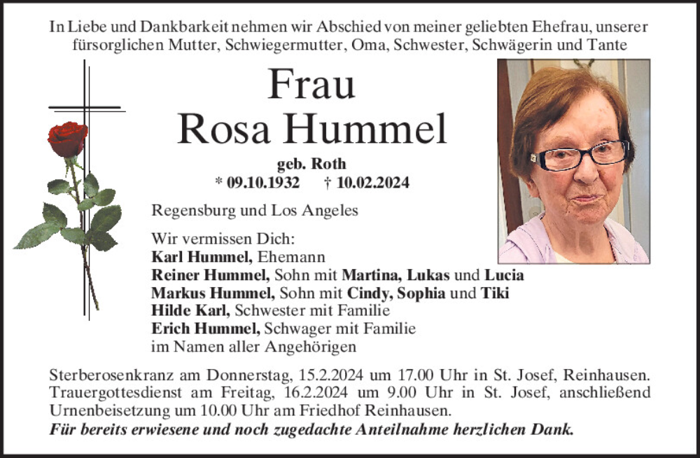  Traueranzeige für Rosa Hummel vom 13.02.2024 aus Mittelbayerische Zeitung Regensburg