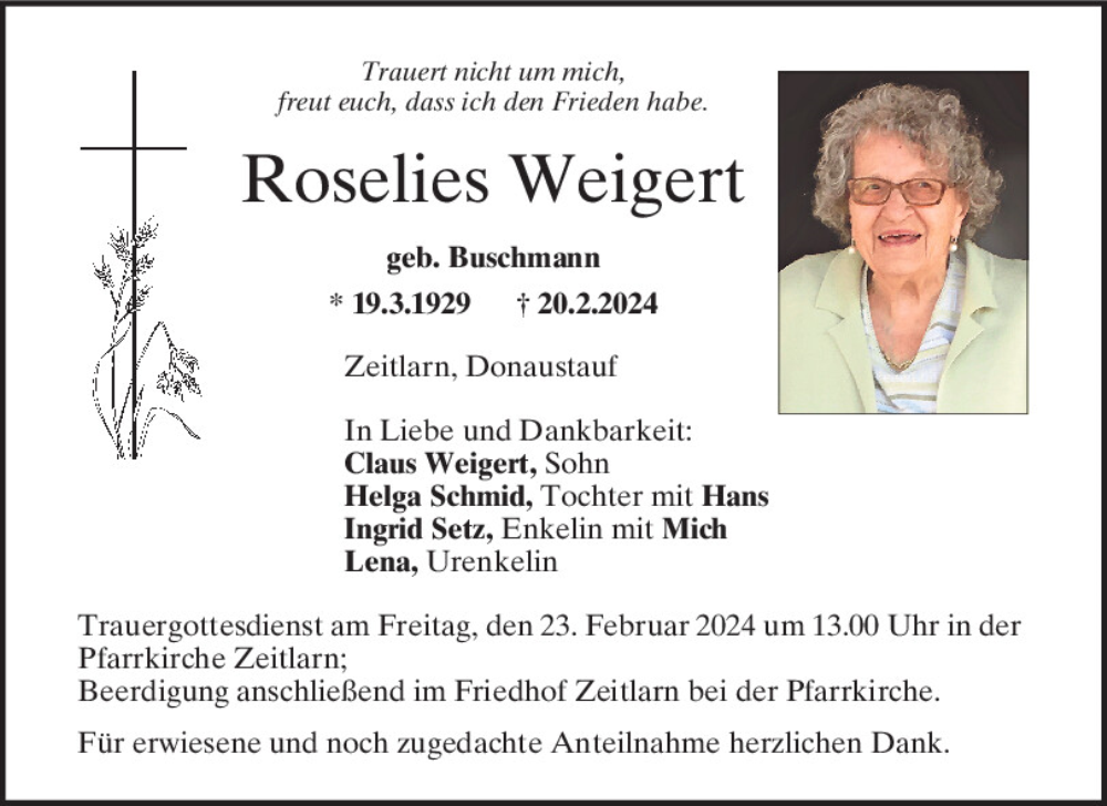  Traueranzeige für Roselies Weigert vom 22.02.2024 aus Mittelbayerische Zeitung Regensburg