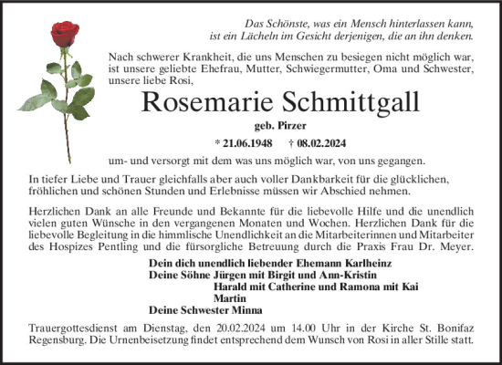 Traueranzeige von Rosemarie Schmittgall von Mittelbayerische Zeitung Regensburg