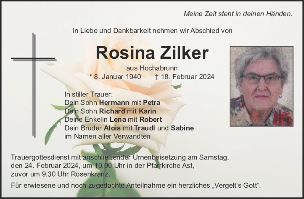  Traueranzeige für Rosina Zilker vom 22.02.2024 aus Bayerwald Echo