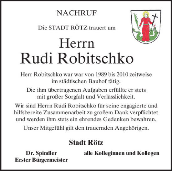 Traueranzeige von Rudi Robitschko von Bayerwald Echo