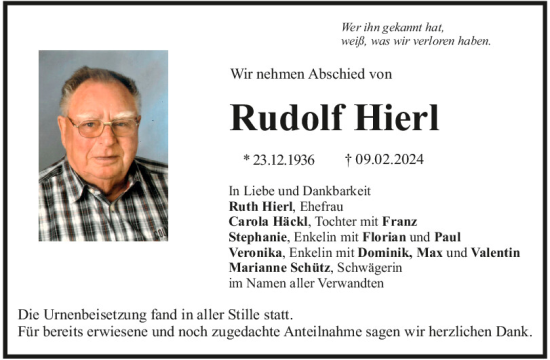Traueranzeige von Rudolf Hierl von Mittelbayerische Zeitung Kelheim