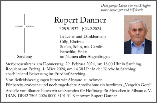 Traueranzeige von Rupert Danner von Mittelbayerische Zeitung Regensburg